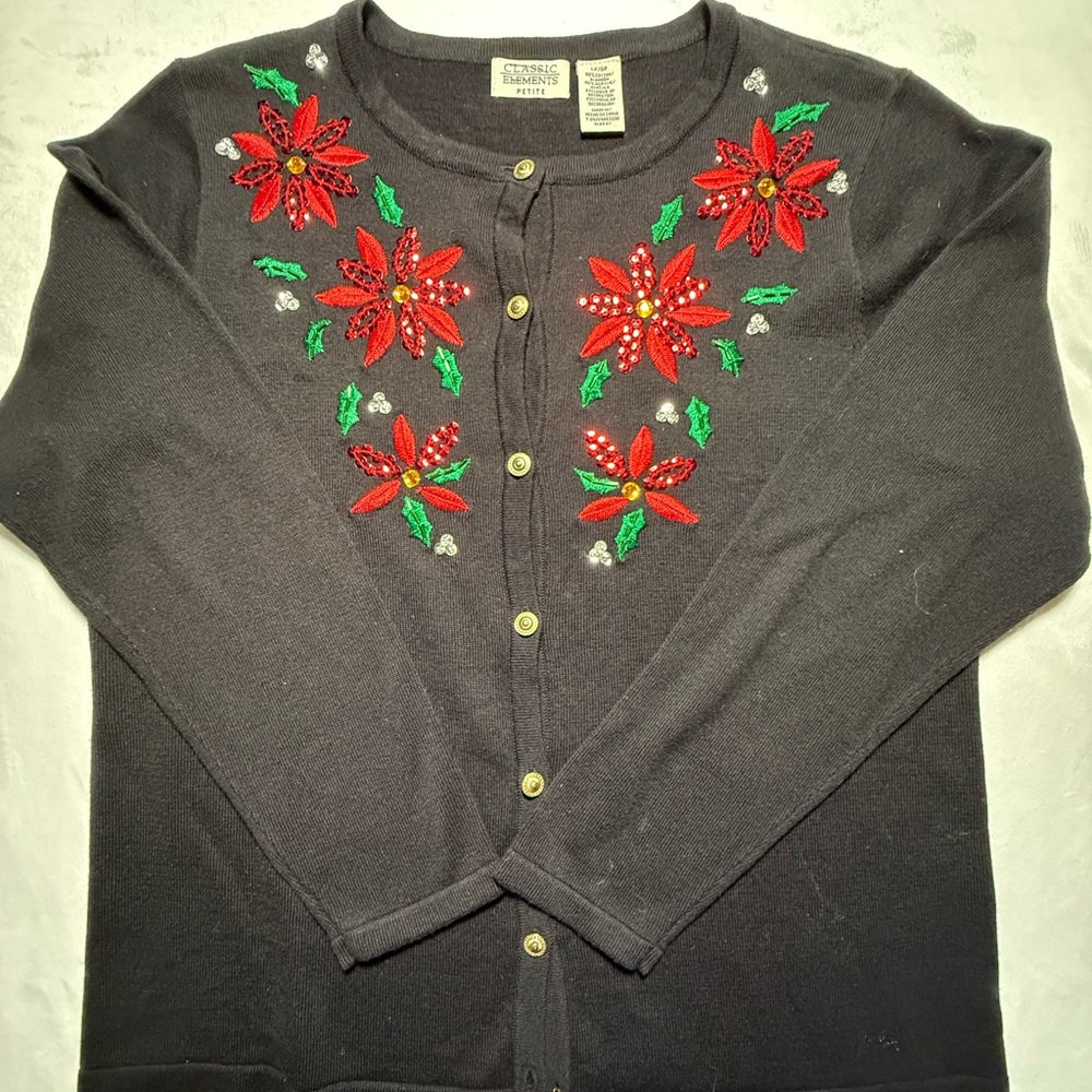 Classic Black Cardigan with Red sequins & Green Embroidered Floral Accents